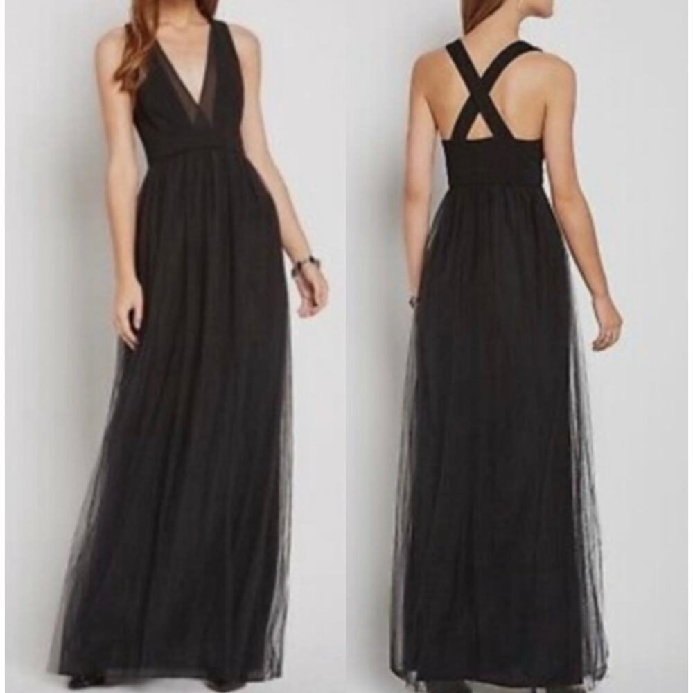 🔥BCBGeneration Black Tulle Evening Formal Party crisscross Back Maxi Dress Sz 4